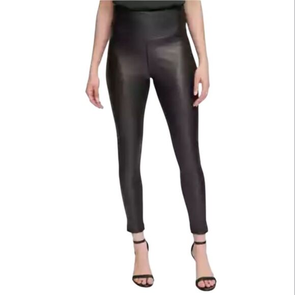 Calvin Klein Faux Leather Ponte Pants‎ High Waist Black Slim Stretch LARGE - Picture 1 of 7